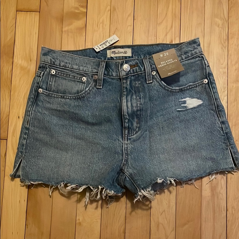 Madewell Blue High-Waisted Jean Shorts Distressed